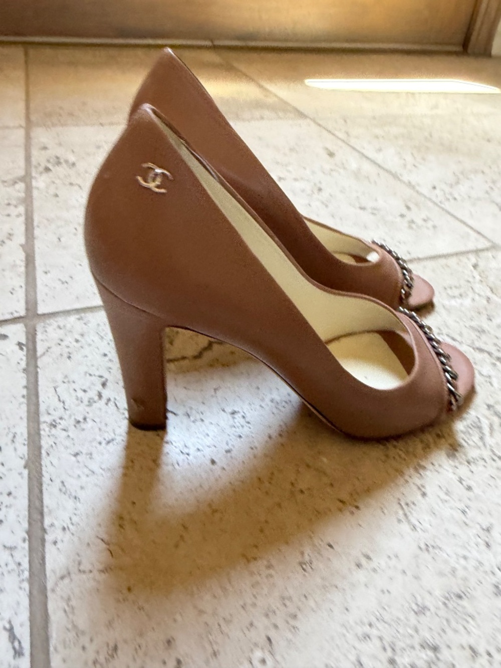 Chanel peep toe heels leather silver chain - Picture 4 of 6